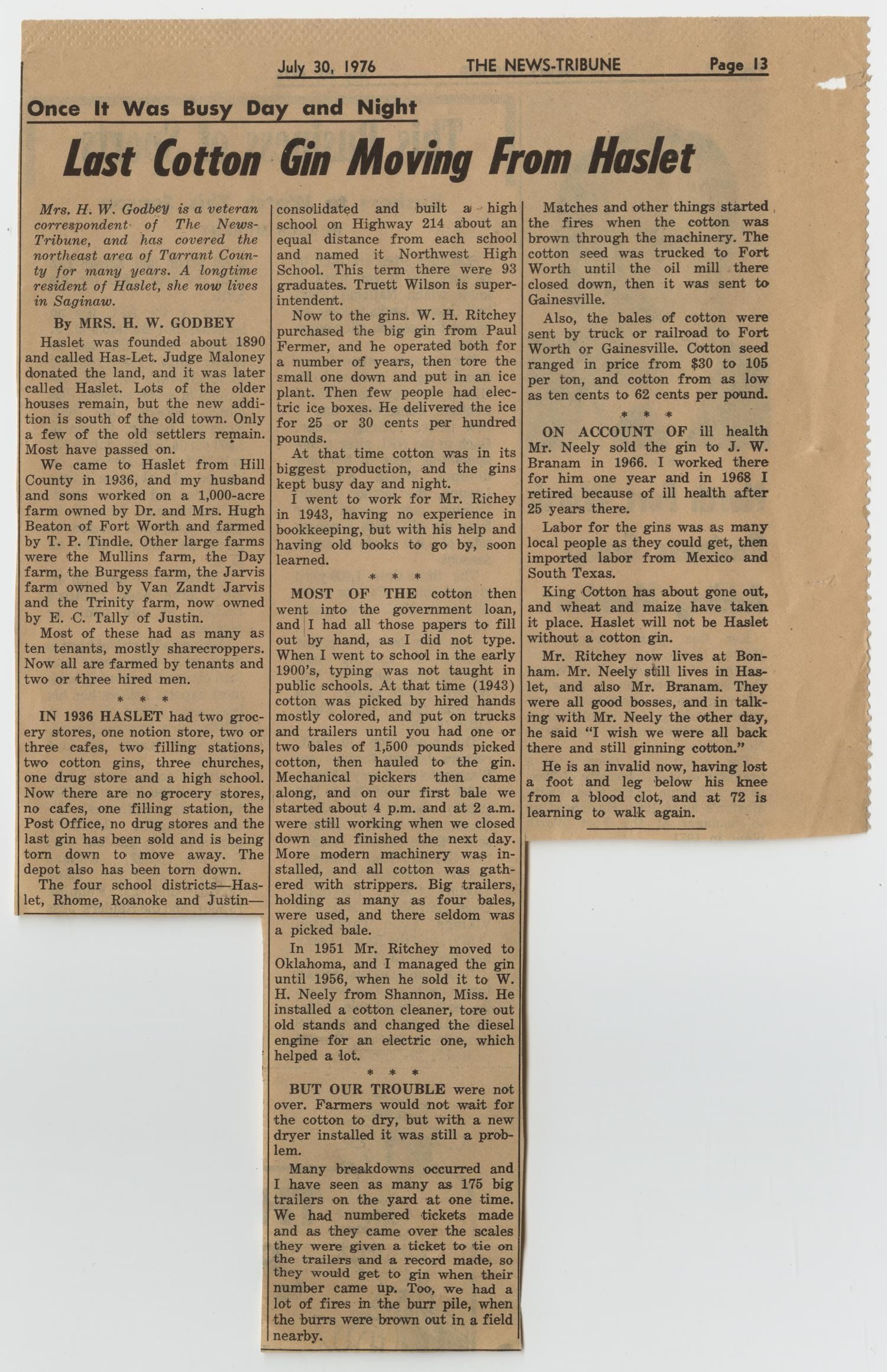 A yellowed newspaper page from The News-Tribune, July 30, 1976, headlined "Last Cotton Gin Moving From Haslet," by Mrs. H. W. Godbey.