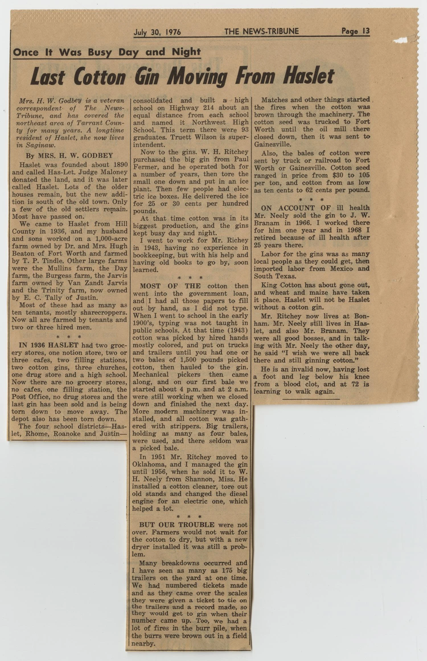 A yellowed newspaper page from The News-Tribune, July 30, 1976, headlined "Last Cotton Gin Moving From Haslet," by Mrs. H. W. Godbey.